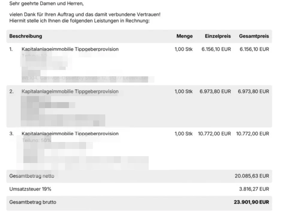 Rechnung Tippgeber-Provision 23.901 Euro