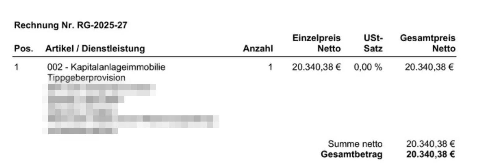 Rechnung Tippgeberprovision Kapitalanlageimmobilie